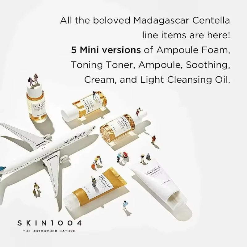 Experience Radiant Skin Anywhere with the SKIN1004 Madagascar Centella Travel Kit – Complete Mini Skincare Set with Toner, Ampoule, Soothing Cream, Cleansing Oil, and Foam!