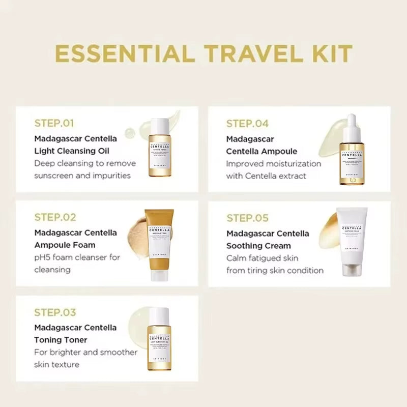 Experience Radiant Skin Anywhere with the SKIN1004 Madagascar Centella Travel Kit – Complete Mini Skincare Set with Toner, Ampoule, Soothing Cream, Cleansing Oil, and Foam!