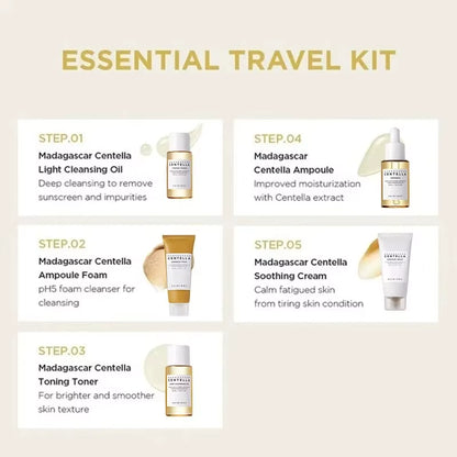 Experience Radiant Skin Anywhere with the SKIN1004 Madagascar Centella Travel Kit – Complete Mini Skincare Set with Toner, Ampoule, Soothing Cream, Cleansing Oil, and Foam!