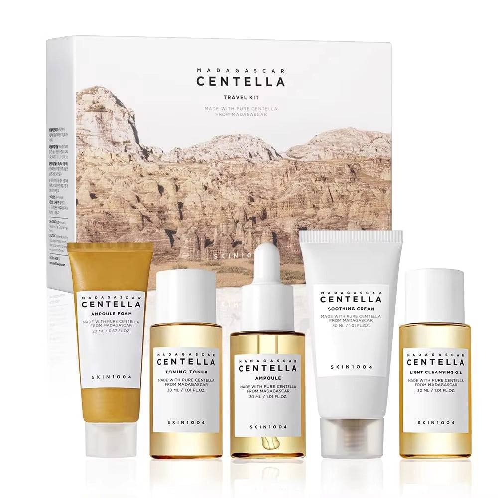 Experience Radiant Skin Anywhere with the SKIN1004 Madagascar Centella Travel Kit – Complete Mini Skincare Set with Toner, Ampoule, Soothing Cream, Cleansing Oil, and Foam!