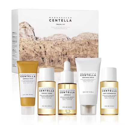 Experience Radiant Skin Anywhere with the SKIN1004 Madagascar Centella Travel Kit – Complete Mini Skincare Set with Toner, Ampoule, Soothing Cream, Cleansing Oil, and Foam!