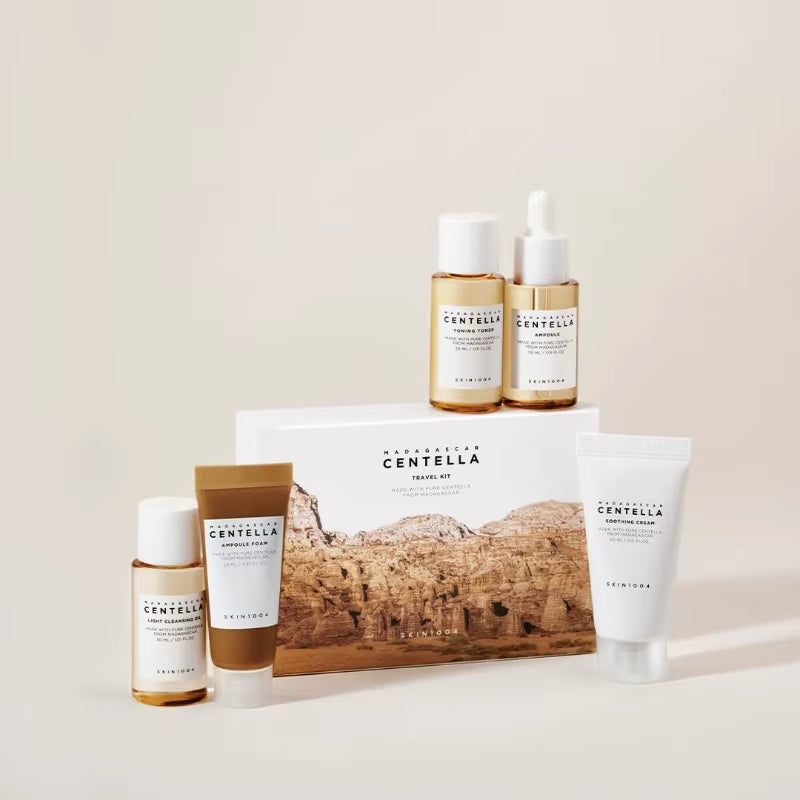 Experience Radiant Skin Anywhere with the SKIN1004 Madagascar Centella Travel Kit – Complete Mini Skincare Set with Toner, Ampoule, Soothing Cream, Cleansing Oil, and Foam!