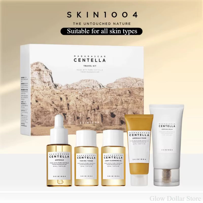 Experience Radiant Skin Anywhere with the SKIN1004 Madagascar Centella Travel Kit – Complete Mini Skincare Set with Toner, Ampoule, Soothing Cream, Cleansing Oil, and Foam!